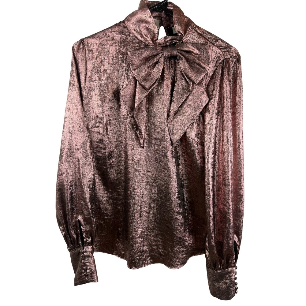Ryegrass Womens Metallic Rose Gold Bow Neck Blouse Long Sleeve Shimmer Top Small